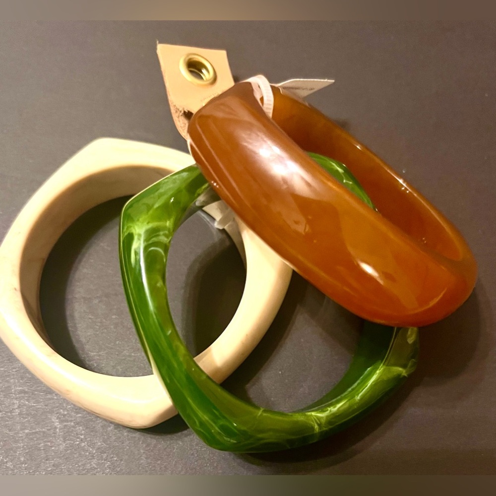 Pink Linen Set Of 3 Bangles, Marble Cream, Marble Green & Orange Terra…